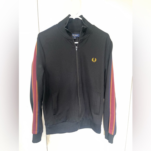 Fred Perry Black Track Jacket with Colorful Tape Sleeve Stripes - Picture 1 of 5